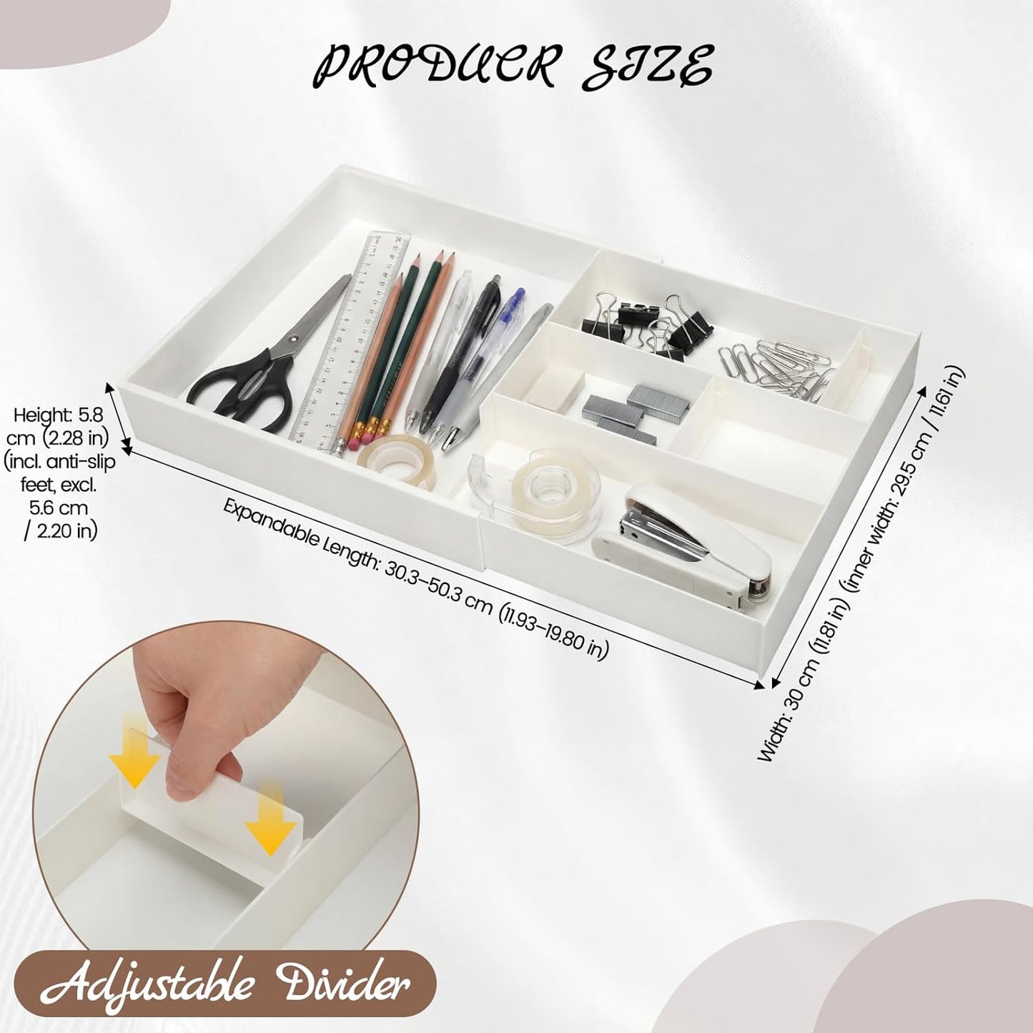 Yalikop Plastic Desk Drawer Organizer 12 x 20 Inch Large White Expandable Drawer Organizer Trays with Extendable Tray Adjustable Student Desk Organizing Tray for Makeup Office School Supplies