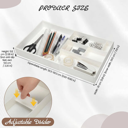 Yalikop Plastic Desk Drawer Organizer 12 x 20 Inch Large White Expandable Drawer Organizer Trays with Extendable Tray Adjustable Student Desk Organizing Tray for Makeup Office School Supplies