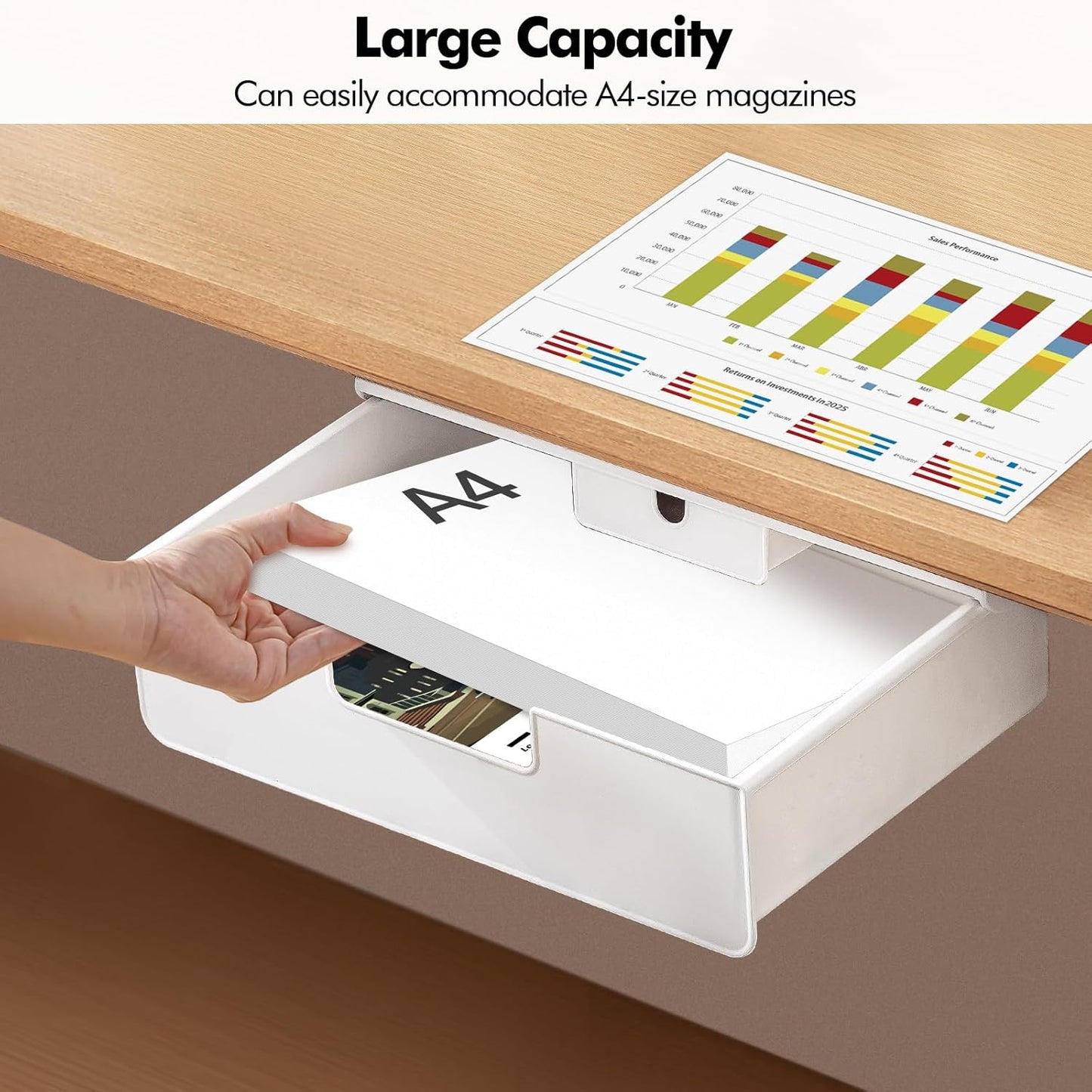 Poeland Under Desk Drawer Organizer, Under Table Slide Out Drawer with Small Drawer Compartment, Hidden Drawer Organizer for Office, Home