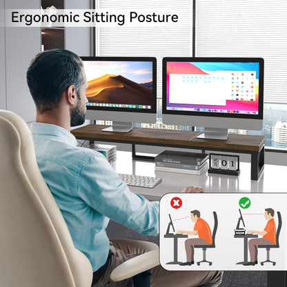 IBUYKE Large Dual Monitor Stand Riser for 2 Monitors, Wooden Desktop Computer Monitor Stand Storage Shelf and Steel Legs,Dual Screen Office Desk,Monitor Riser for Computer, Printer,Laptop,TV,Black UTDJ002B