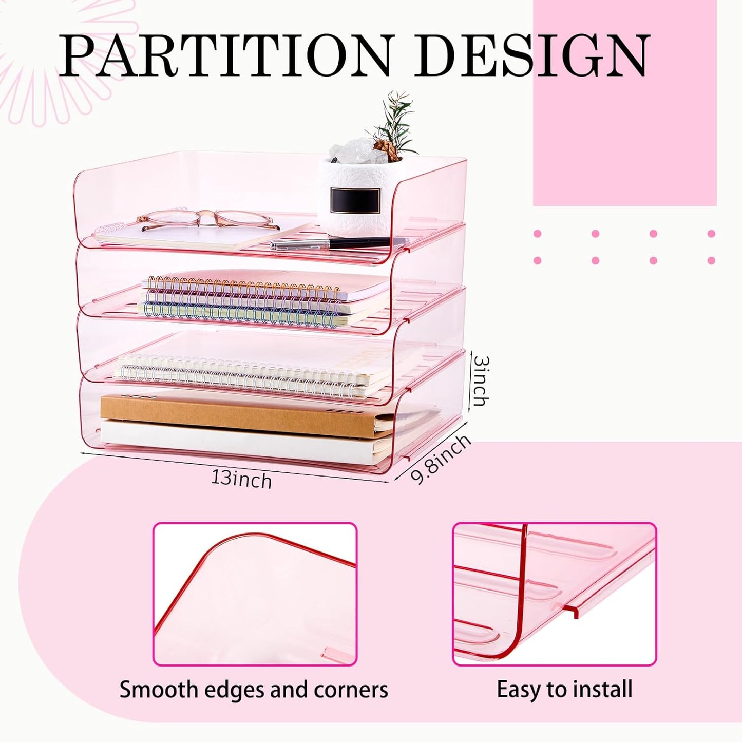 Harloon 4 Tier Paper Organizer Letter Tray Acrylic Desk File Organizer Heavy Duty Stackable Documents Clear Letter Paper Holder Sorter Office Tray for A4, Office Classroom Home File Pad Notebooks