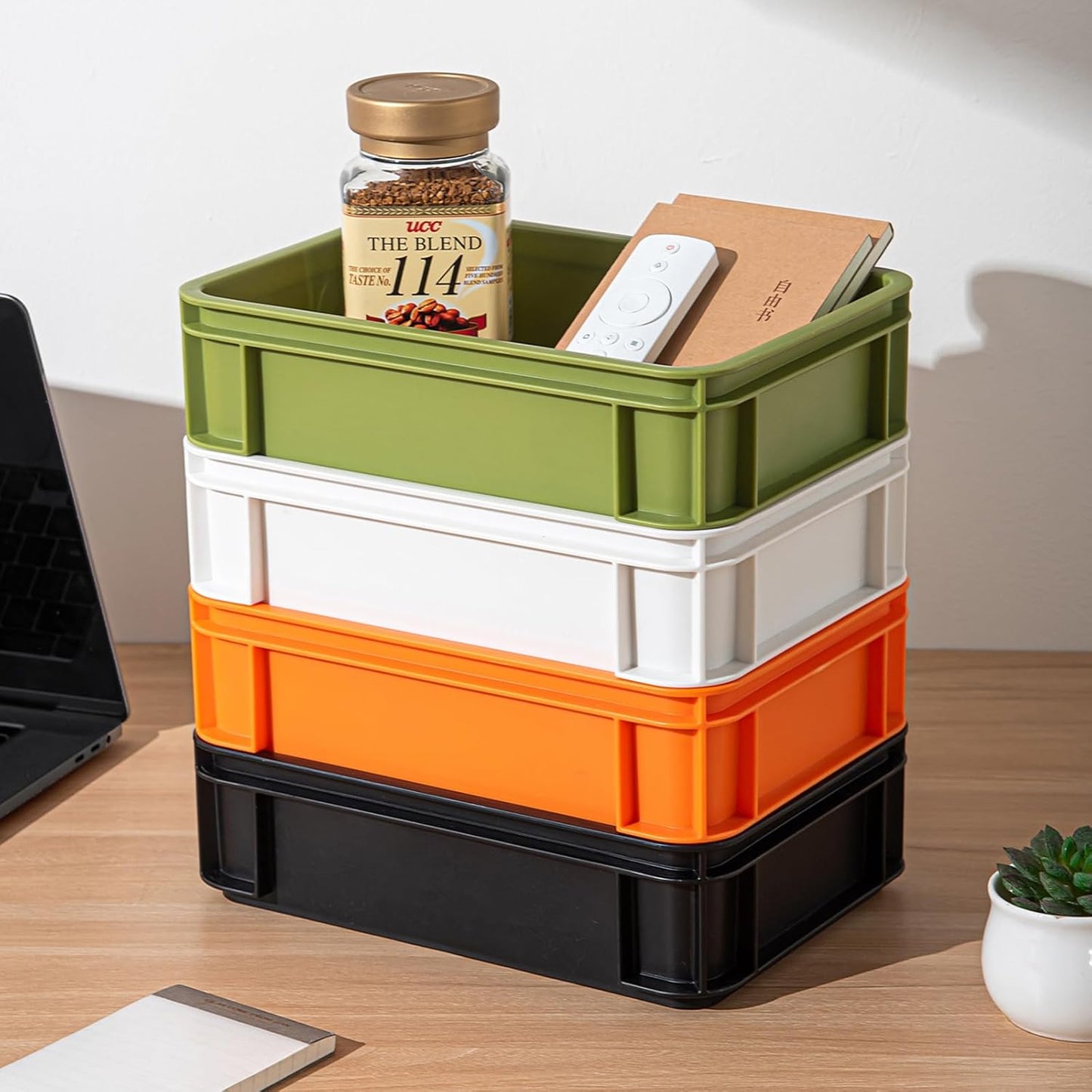 Stackable Organizer Boxes - Create Your Perfect Modular Desktop Storage System Office Desk Organizer Set15.8''*11''*3.26'' (Beige, 6Large)