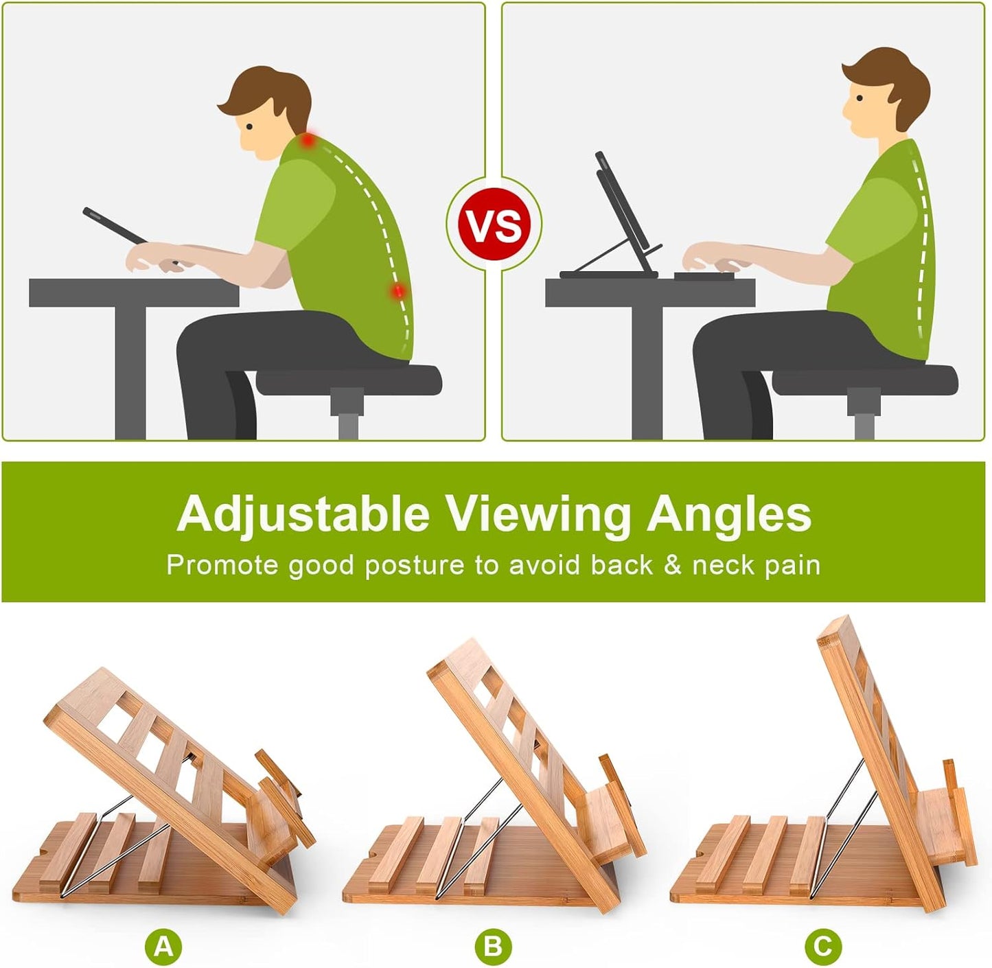Wooden Desktop Book Stands, Adjustable Book Stand for Reading, Pezin & Hulin Cook Book Holder Seat, Bamboo Foldable Riser for Tablet, Recipe, Laptop with Page Clips