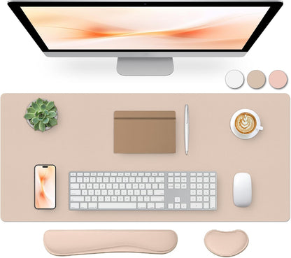 Bloss Leather Desk Pad and Keyboard Wrist Rest, Large Mouse Pad + Keyboard Pad+Mouse Wrist Support, Non-Slip Desk Mat Protector for Office, Home(31.5×15.7 Inches,Beige)