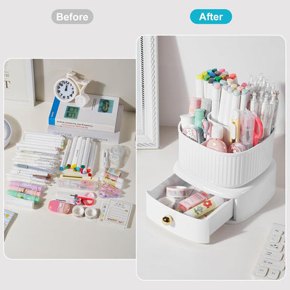 Desk Pencil Pen Holder, 5 Slots 360 Degree Rotating Pencil Pen Organizers for Desk Desktop Storage Stationery Supplies Organizer Cute Pen Cup for Office School Home Art Supply Cream Yellow