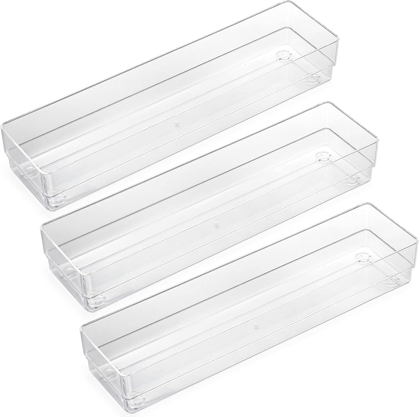 LotFancy Clear Drawer Organizers, 12” x 3” x 2”, Set of 3, Drawer Organizer Trays for Desk, Plastic Storage Bins for Bathroom, Makeup, Utensils, Stackable