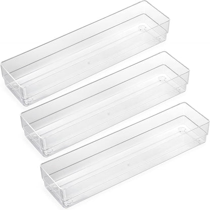 LotFancy Clear Drawer Organizers, 12” x 3” x 2”, Set of 3, Drawer Organizer Trays for Desk, Plastic Storage Bins for Bathroom, Makeup, Utensils, Stackable