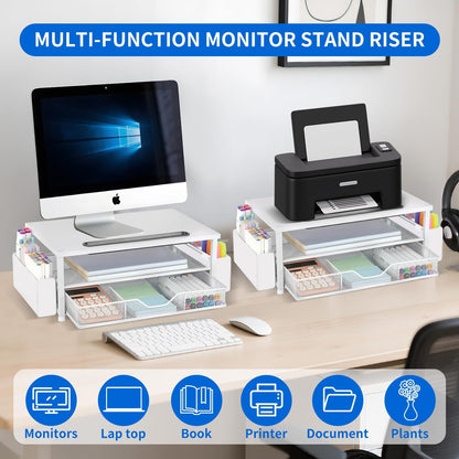 AUPSEN Wood Desk Organizers and Accessories, 2-Tier Computer Monitor Stand Riser with Drawer, Pen Storage & Phone Holder, Office Desk Accessories, Workspace Desktop Organization for Office Supplies（Brown）