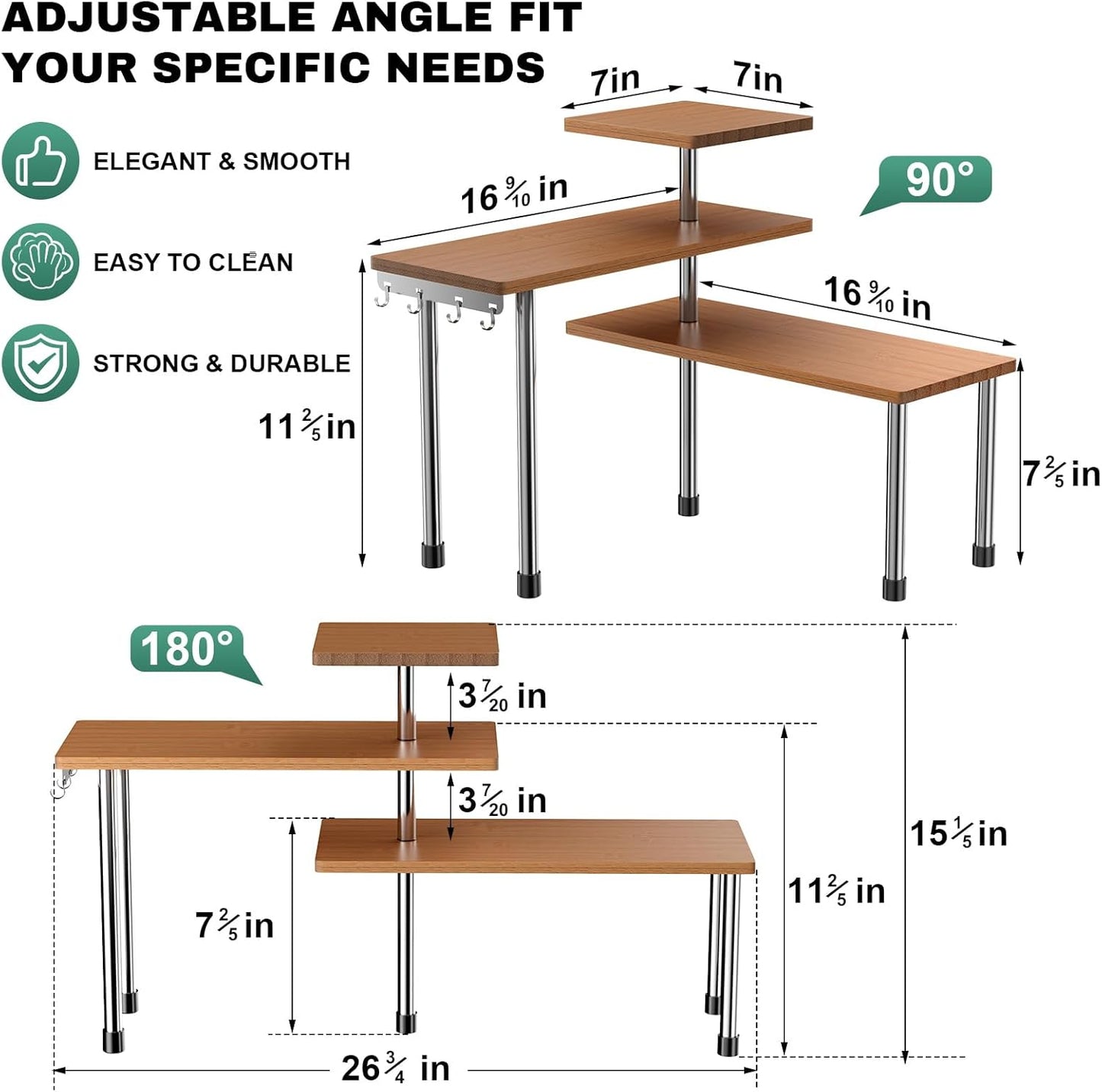 ZHWS Kitchen Countertop Organizer Spice Rack for Salt, Bathroom Counter Organizer Over Sink for Makeup, Skincare, Adjustable 3-Tier Corner Counter Shelf with 4 Hooks for Coffee Bar Dresser Table