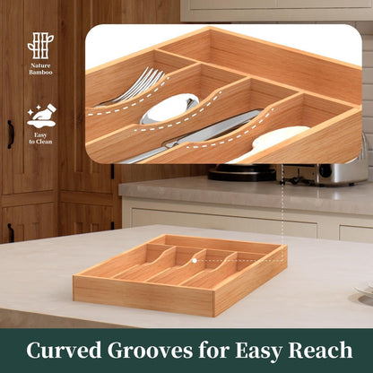 Small Silverware Organizer, Bamboo Kitchen Drawer Organizer, Utensil Holder, Cutlery Tray & Spoon Flatware Storage with Grooved Drawer Dividers (6.7''W x 12''D)