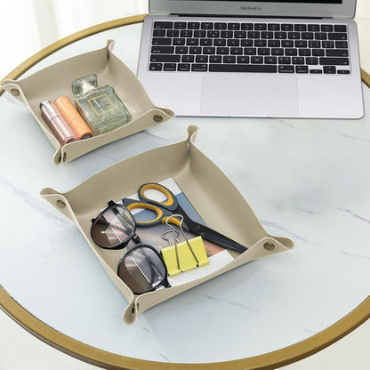 2 Pack (Size:9.84"&7.87") PU Leather Jewelry Valet Tray,Portable Entryway Table Nightstand Desk Tray Catchall Travel Plate Organizer for Phone, Keys, Wallet, Watch,Coin (Black)