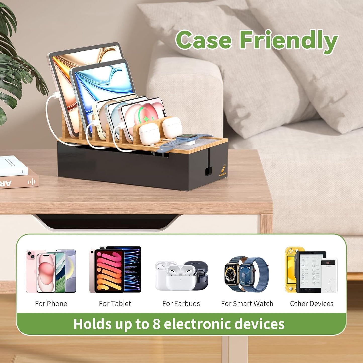 Pezin & Hulin Multi Charger Station Organizer Rack, Bamboo Cable Management Box, Power Strips and Cord Hider, Nightstand Device Organizer (Include 6 Cables)(No Power Charging Supply) -White
