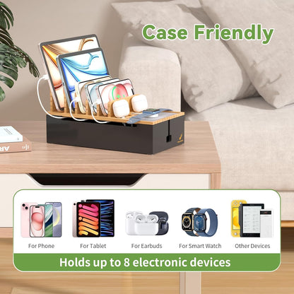Pezin & Hulin Multi Charger Station Organizer Rack, Bamboo Cable Management Box, Power Strips and Cord Hider, Nightstand Device Organizer (Include 6 Cables)(No Power Charging Supply) -White