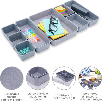 Welaxy Desk Drawer Organizer Tray Set, 8-Piece Office Drawer Organizers for Pens, Makeup, Keys, Crafts, Entryway Catchall, Decluttering Storage (Hot Pink)