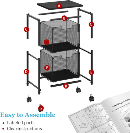 Sbanmao Rolling File Cart with 2 Storage Drawers, Mobile File Cabinet with Wheels, Hanging File Folder Organizer, Under Desk Storage, Printer Stand Utility Cart Filing Cabinet for Home Office,Black