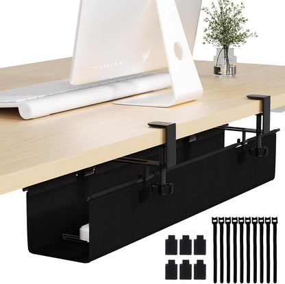 Under Desk Cable Management Tray 27.2" - No Drill Computer Wire Organizer Cable Tray, Cord Hider Clamp Mount with 16X Cable Ties PC Cables Management Cord Holder for Office/Home (Upgrade Fabric,White)