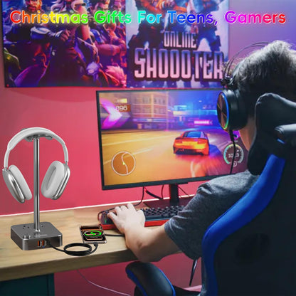 COZOO Headphone Stand with USB Charger Desktop Gaming Headset Holder Hanger with 3 USB Charging Station and 2 Outlets Power Strip,Suitable for Gaming, DJ,Wireless Earphone Display, Gamer Gifts for Men