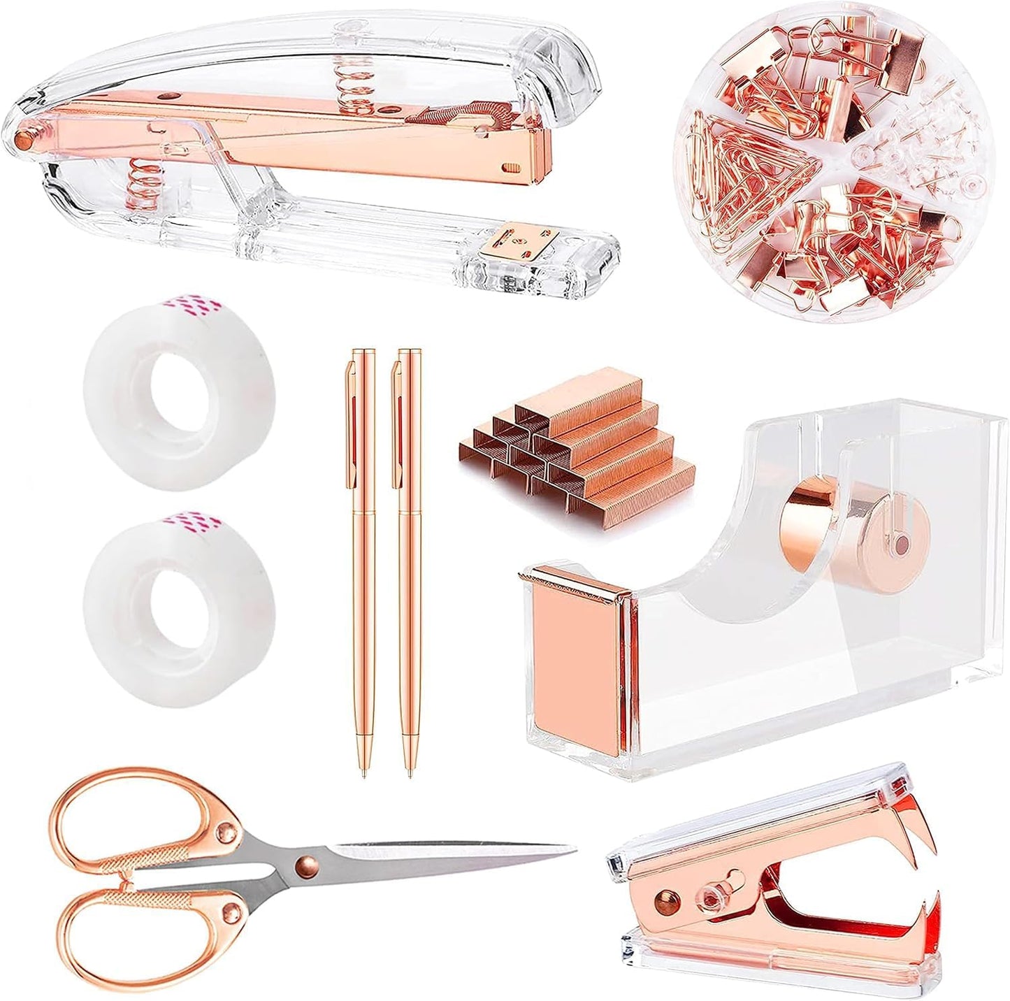 suniya Office Supplies,Gold Desk Accessories,with Stapler,Tape Dispenser,Pen Holder,Scissors,Phone Stand,Staple Remover,Ballpoint Pen,Clear Tape, Staples,Ruler,Clips,Best Gift for Business or Boss