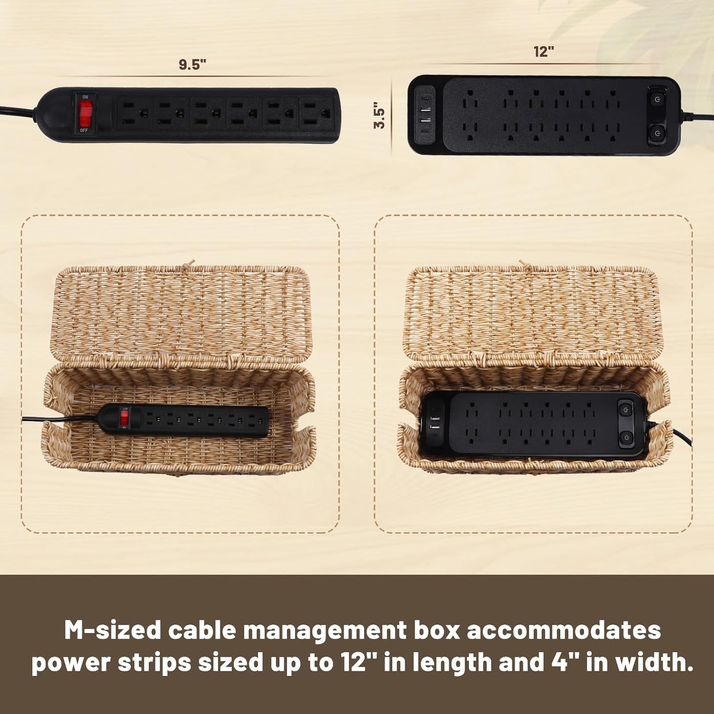 BROWNLILY Cable Management Box, Rattan Style Cord Organizer for Desk Cord Hider Outlet Covers Baby Proofing for Power Strip TV PC Router Charger Under Desk Storage with Lockable Lid and Cable Ties