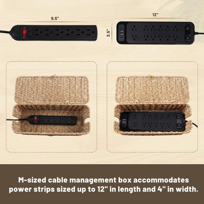 BROWNLILY Cable Management Box, Rattan Style Cord Organizer for Desk Cord Hider Outlet Covers Baby Proofing for Power Strip TV PC Router Charger Under Desk Storage with Lockable Lid and Cable Ties