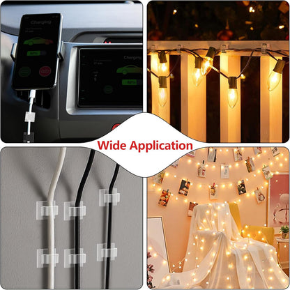 Abnii 100PCS Cable Clips, Adhesive Wire Clips Organizer Cord Clips Management, Cable Staples Outdoor Strong for Wall, Desk, Christmas Lights, String Lights, TV PC Ethernet Cable, Clear Small