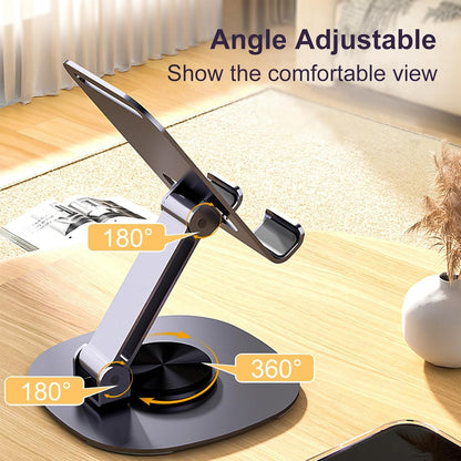 ONCHEER 360°Rotating Phone Holder for Desk, Fully Foldable Cell Phone Stand for Office & Home, Angle & Height Adjustable Tablet Stand for All Smartphones, iPhone, Switch,Tablet 4.6-12.9'', Black