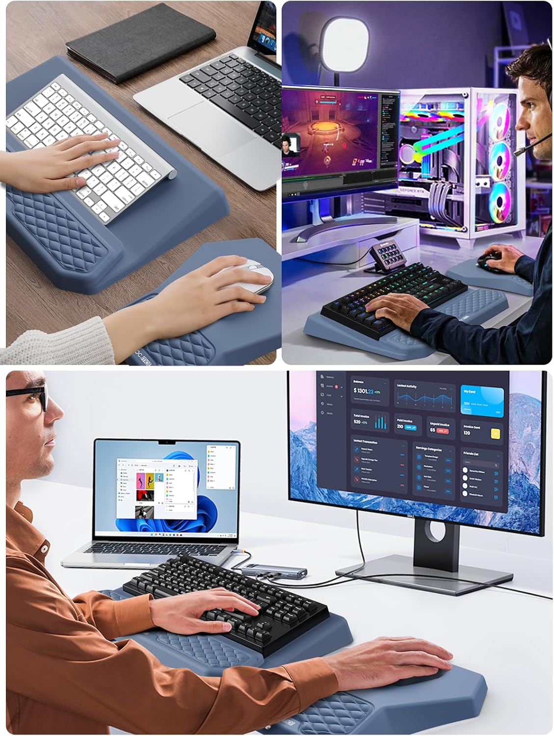 3-in-1 Ergonomic Keyboard Stand with Wrist Rest & Mouse Pad Set, Comfy Keyboard Riser Holder Soft Mousepad with Massage Design, Memory Foam and Non-Slip PU Base for Pain Relief, Black