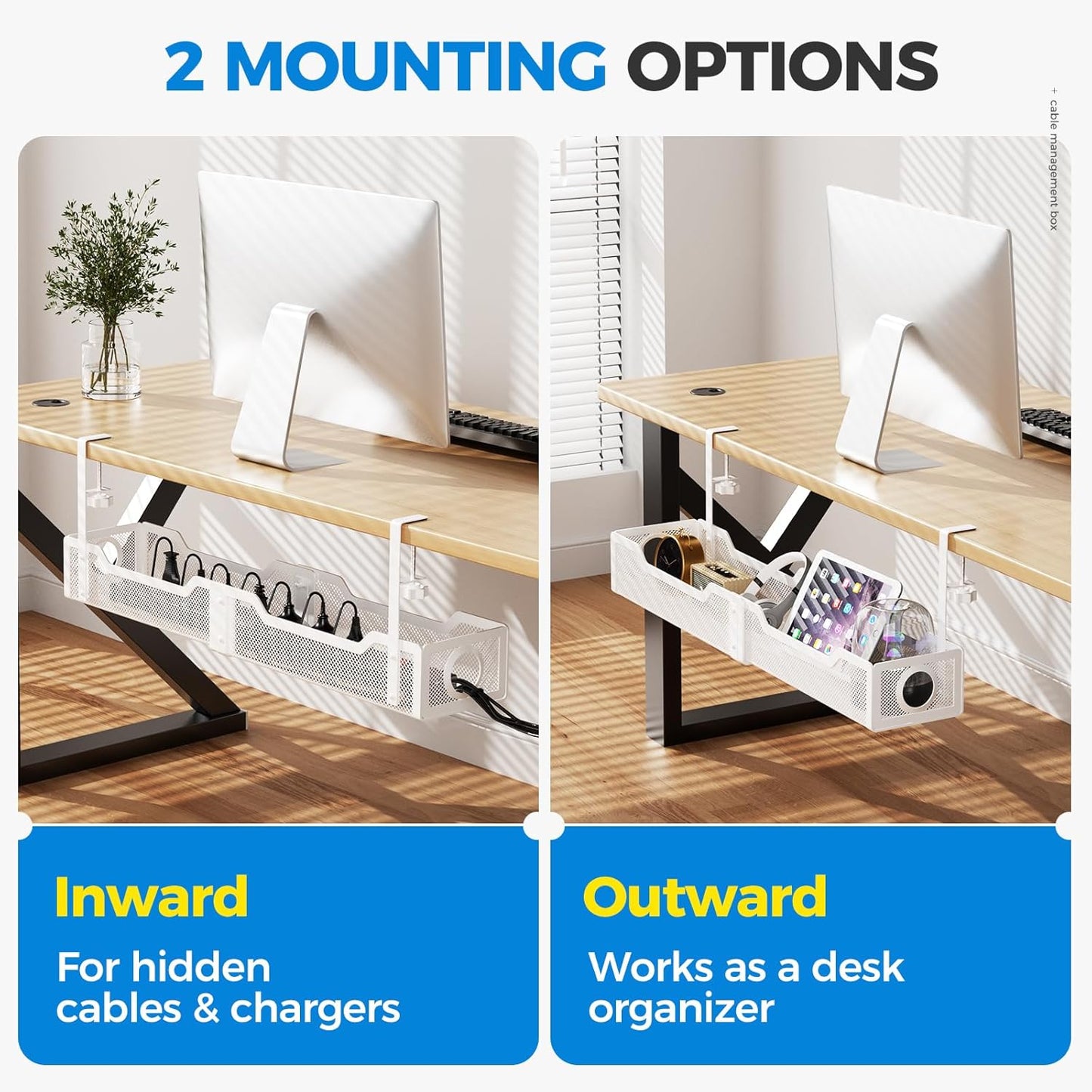 Under Desk Cable Management Tray White, Cinati Wire Organizers No Drill, Cable Tray with Clamp for Wire Management, Cord Organization Box for Office, Home - No Damage to Desk