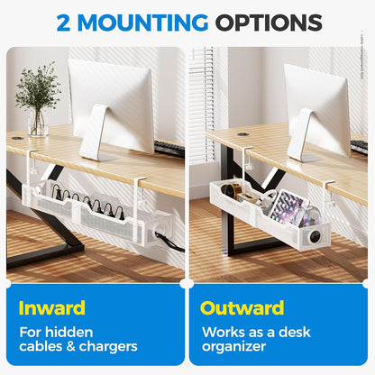 Under Desk Cable Management Tray White, Cinati Wire Organizers No Drill, Cable Tray with Clamp for Wire Management, Cord Organization Box for Office, Home - No Damage to Desk