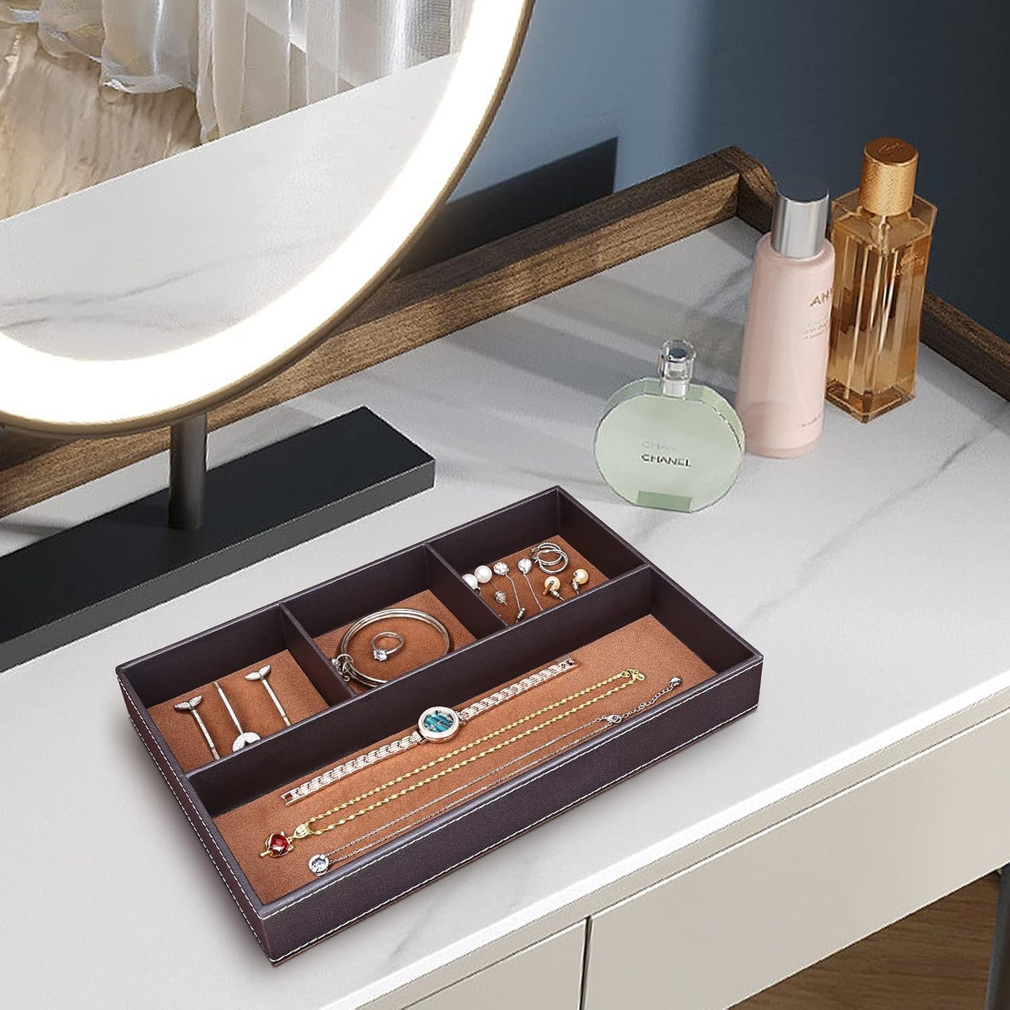 GORESE 2 Pieces Faux Leather Valet Tray for Men, Stackable Jewelry Organizer for Drawers, Nightstand Caddy Tray for Key, Wallet, Sunglass, Watch, Coin, Phone, Bedside Desk-top Storage Black