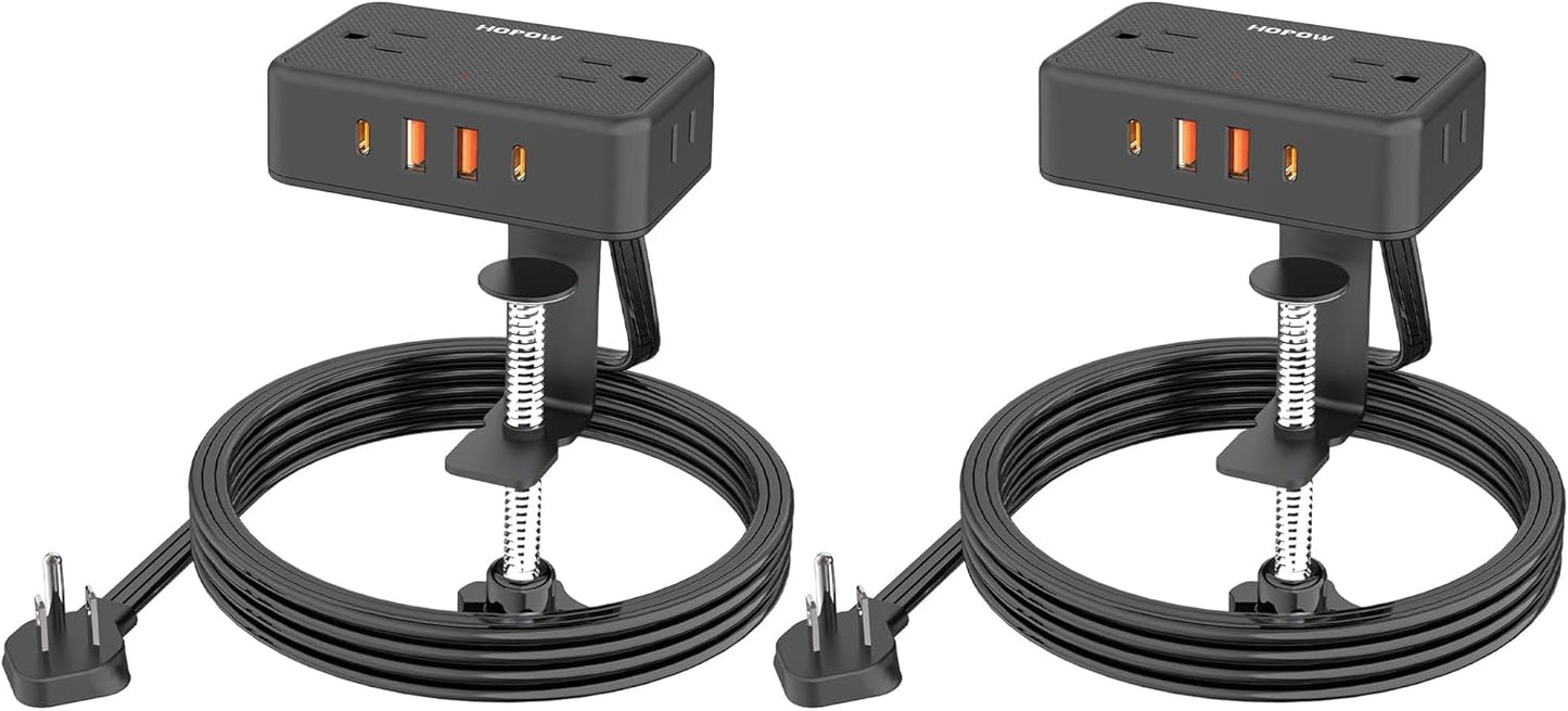 HOPOW Desk Clamp Power Strip, Desktop Mount Charging Station with 4 Outlets 4 USB Ports (2 USB C), 10Ft Under Desk Power Strip, Fits 2.75" Tabletop Edge, Extension Cord for Home Office, Black