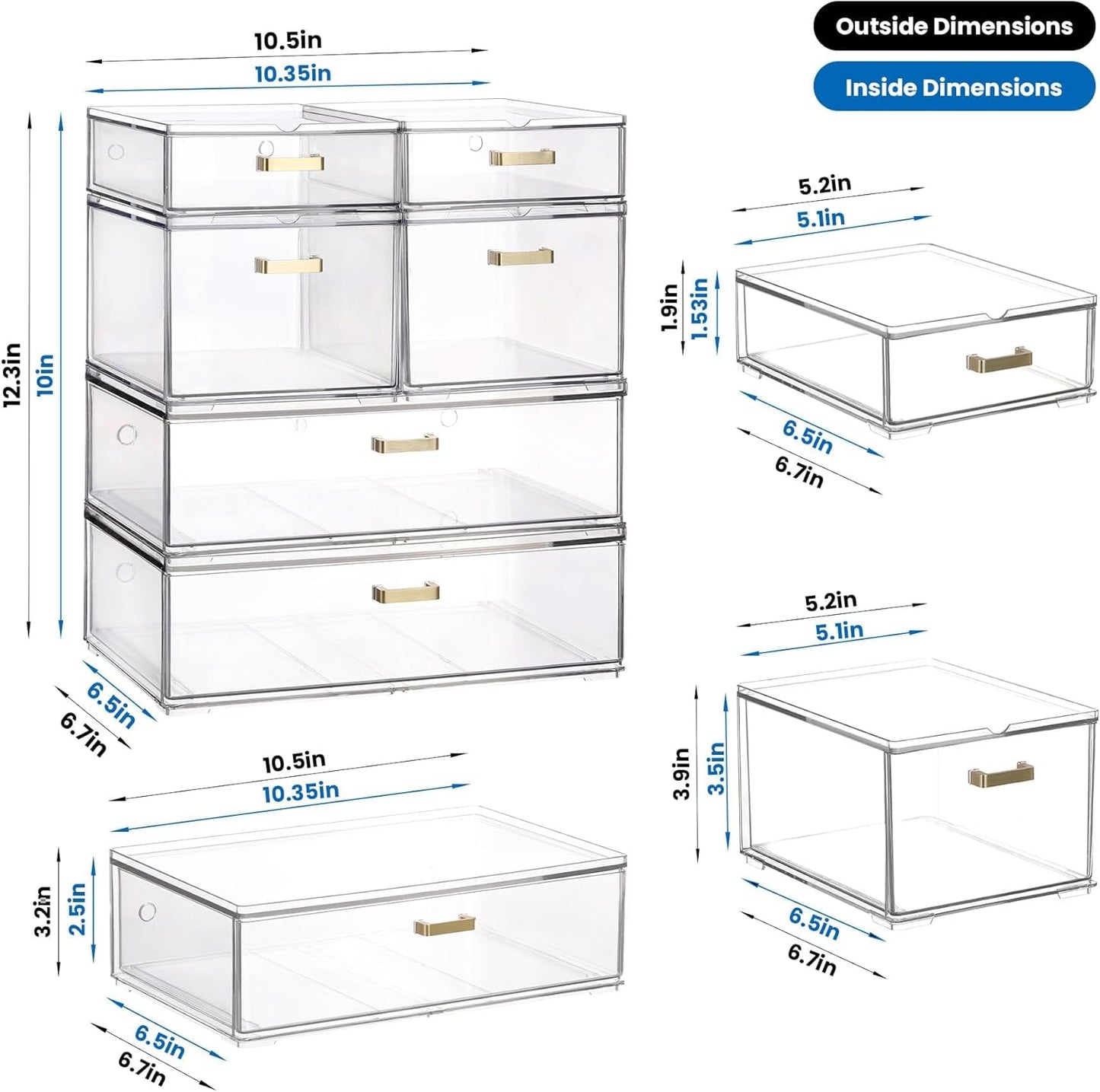 LALOBLUE Set of 5 Stackable Storage Drawers, Clear Acrylic Organizer Bins for Beauty Supplies, Perfect for Makeup Vanity, Undersink, Kitchen, Cabinet,Pantry Organization and Storage
