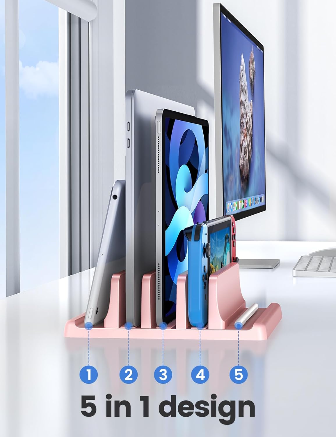Vaydeer 3-Slot Vertical Laptop Stand Organizer, Laptop Storage Holder Made of Premium ABS Plastics 5 in 1 Design,Desktop Space-Saving Adjustable Desk Organizer for All MacBook/Chromebook/Surface
