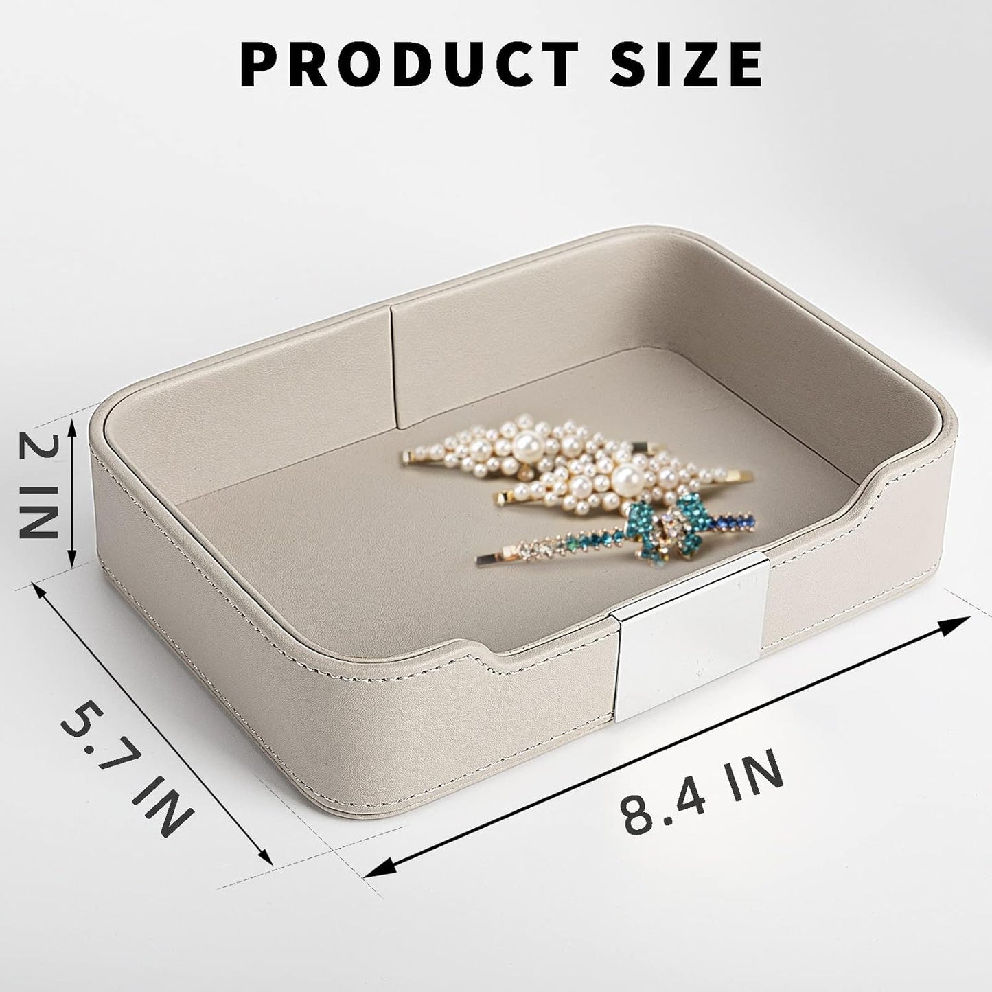 SANZIE Luxury Leather Tray Desktop Storage Catchall Organizer Decorative Tray for Entryway Table to Hold Jewelry Watch Keys Phone Wallet (Metal Glided, Black)