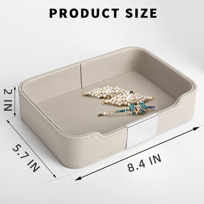 SANZIE Luxury Leather Tray Desktop Storage Catchall Organizer Decorative Tray for Entryway Table to Hold Jewelry Watch Keys Phone Wallet (Metal Glided, Black)