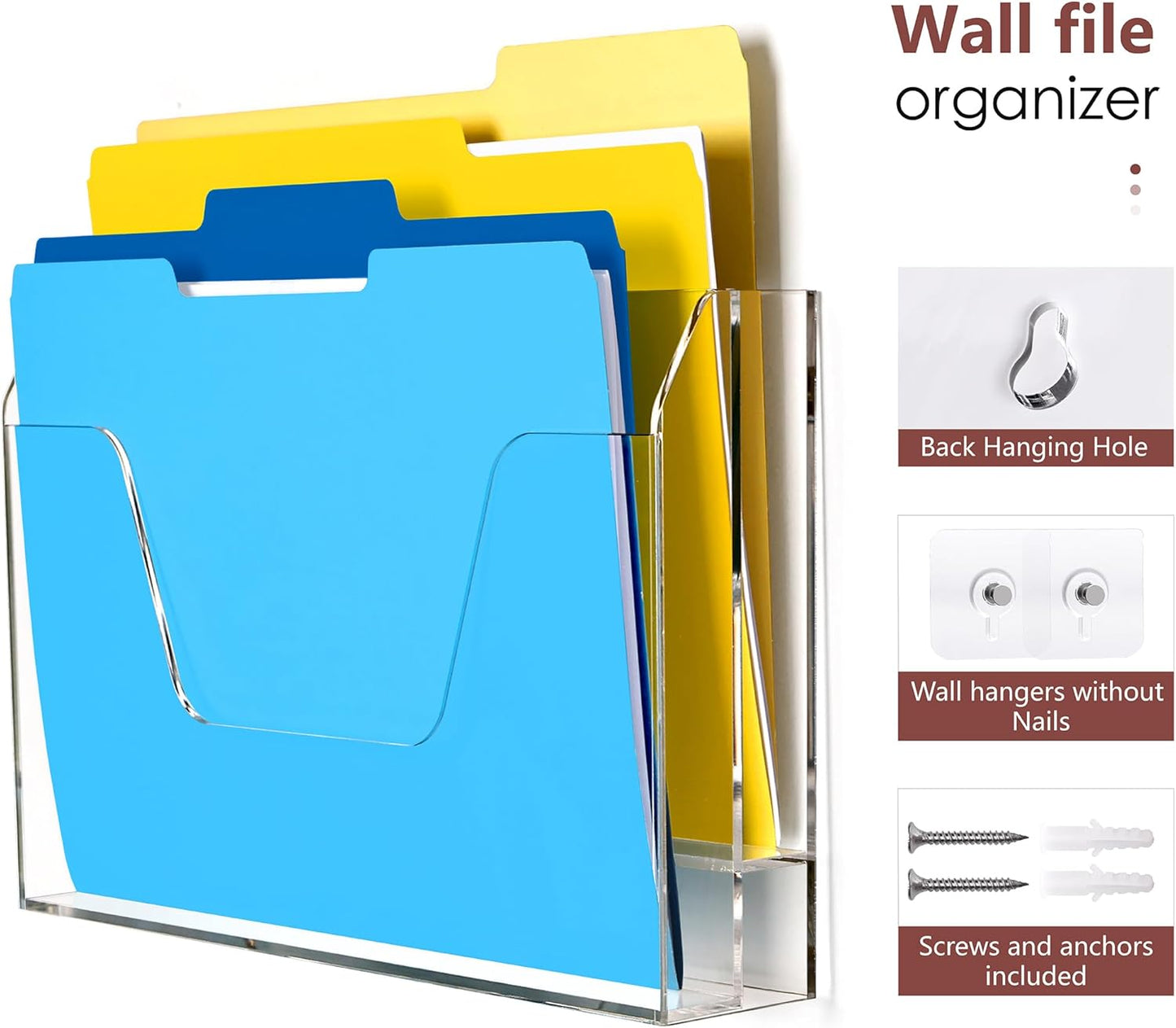 Wall Hanging File Folder Organizer for Desk, 3-Tier Acrylic Magazine Rack Wall Mount File Holder, Clear Paper Document Office Organizer - 1 Pack