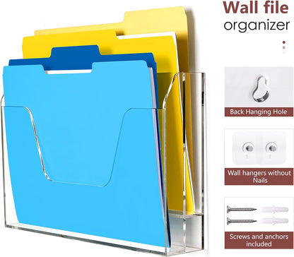 Wall Hanging File Folder Organizer for Desk, 3-Tier Acrylic Magazine Rack Wall Mount File Holder, Clear Paper Document Office Organizer - 1 Pack