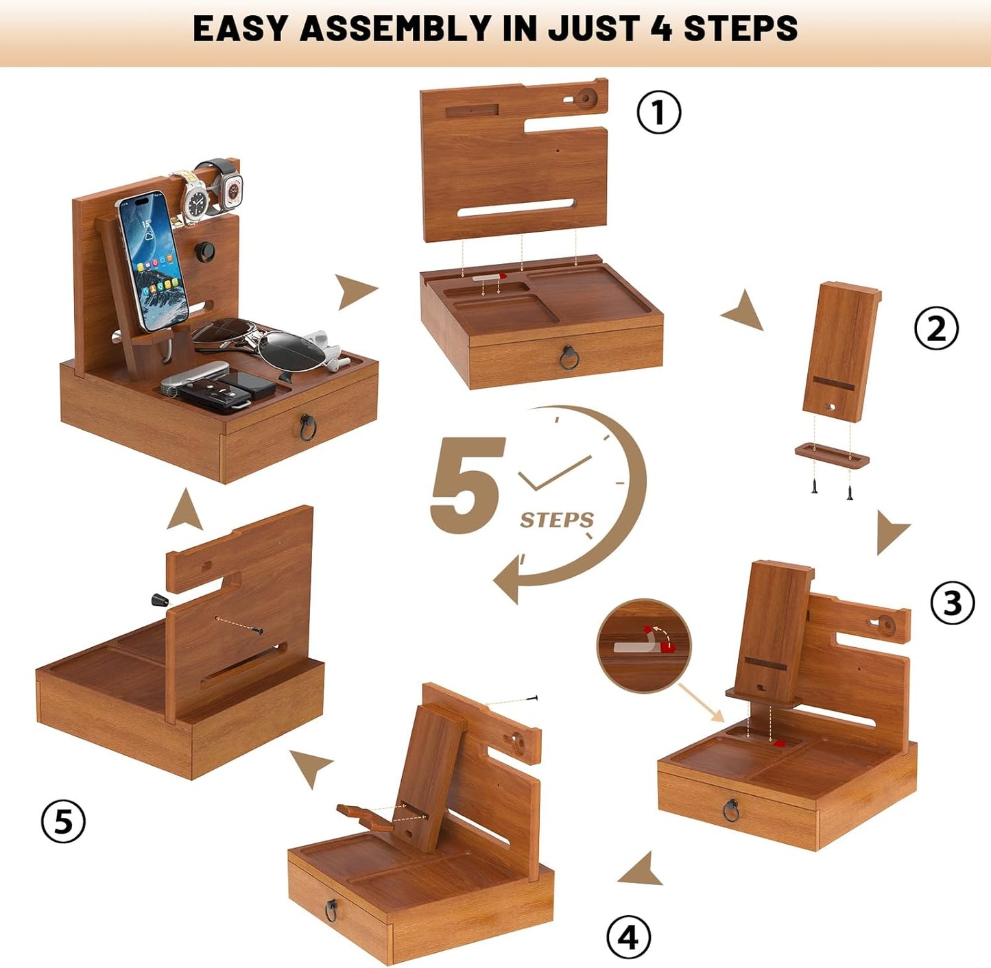 Wood Phone Docking Station with USB Ports and Outlets, Nightstand Organizer with Charging Station, Bedside Organizer with Drawer for Watch & Accessories, Christmas Anniversary Birthday Gifts for Men