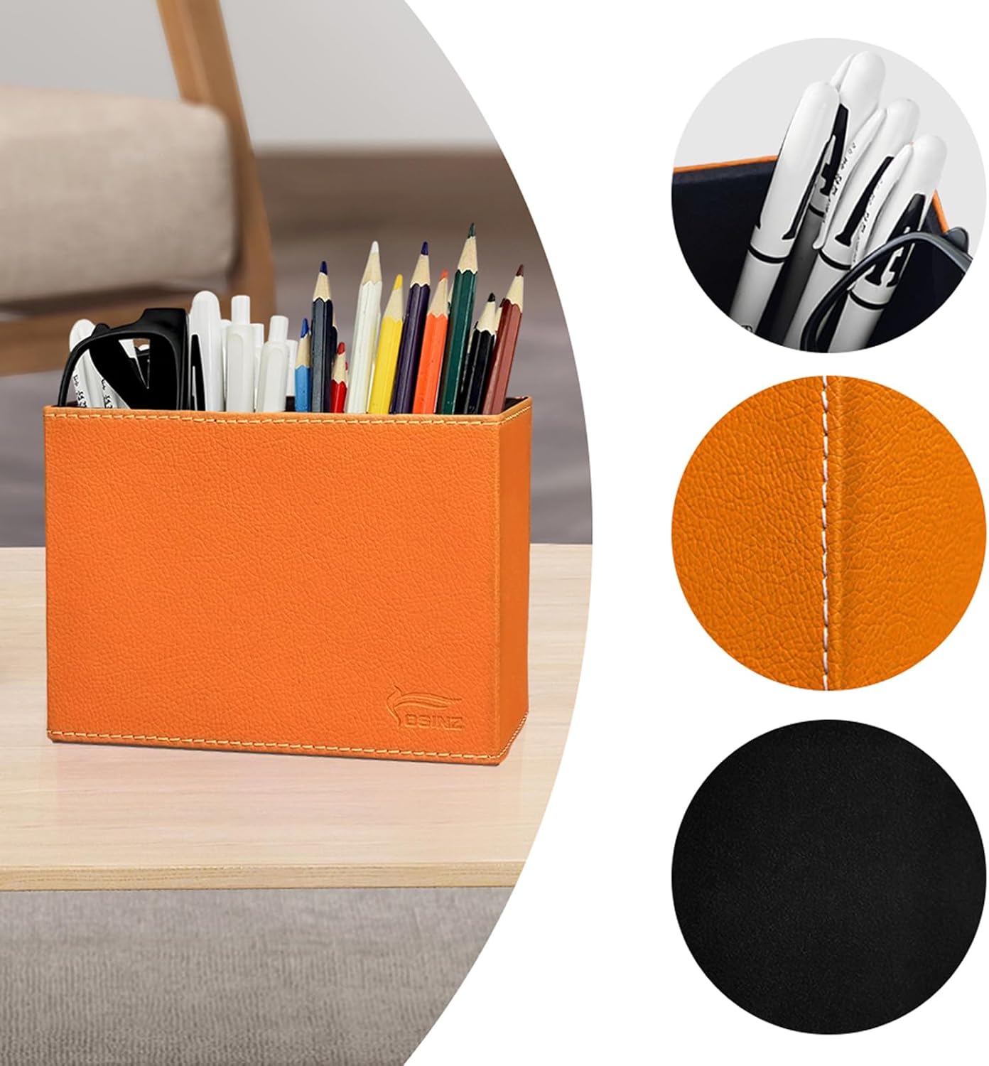 Leather Pen Holder, Brown Pencil Holder, Desktop Elegant Pen Holder for Desk, Stationery Organizer for School Office Home Dorm (3.3" x 3.3" x 4", Brown)