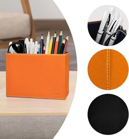 Leather Pen Holder, Brown Pencil Holder, Desktop Elegant Pen Holder for Desk, Stationery Organizer for School Office Home Dorm (3.3" x 3.3" x 4", Brown)
