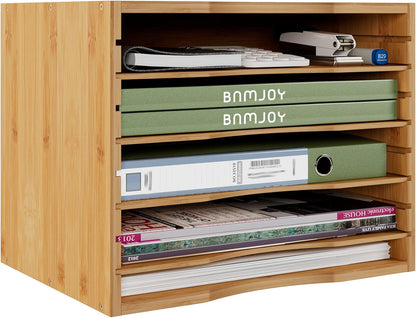Bamjoy Bamboo 5 Tier Desktop Organizer, Paper Organizer Mail Sorter, File Holder Letter Document Storage with Adjustable Shelves for School Home Office, Natural