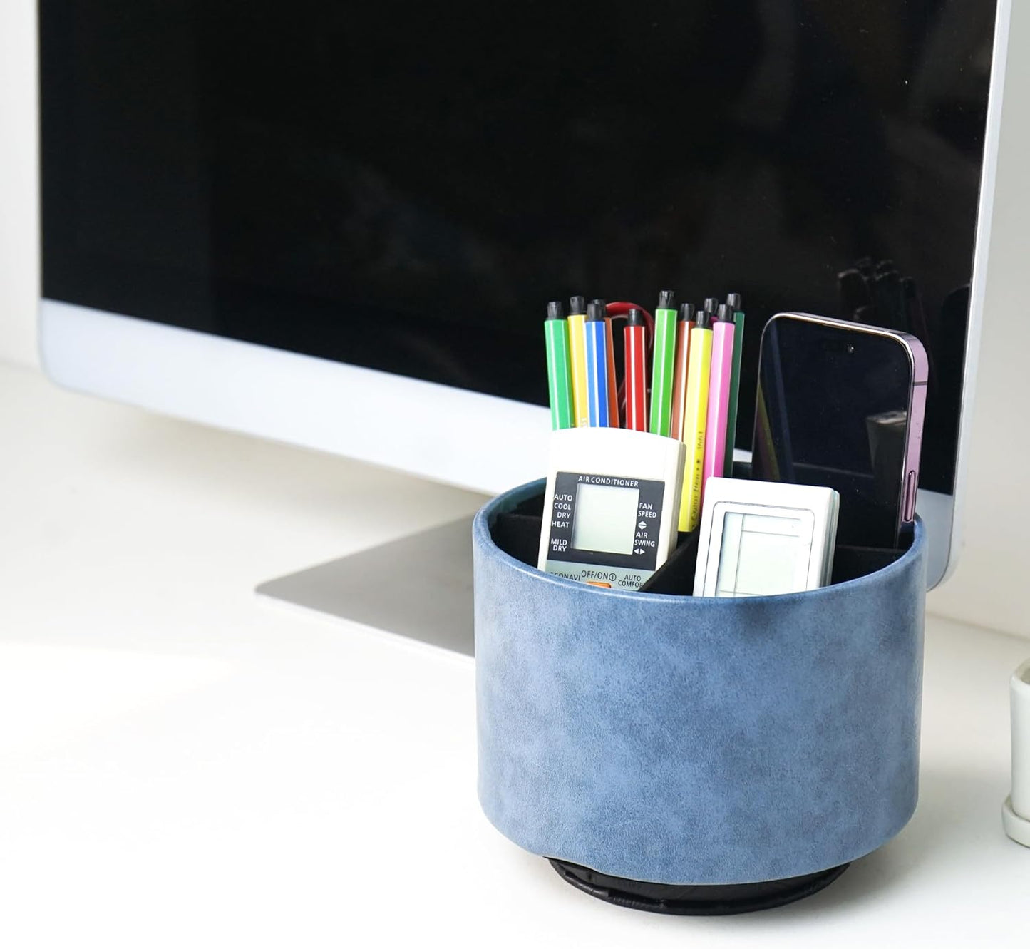 Hennaja Round Leather Art Supply Organizer,Remote Control Holder,360 Degree Rotating,Multi-Functional Pencil Holder,4 Compartments Desktop Stationary Organizer(1-Blue Bird) - Colors A