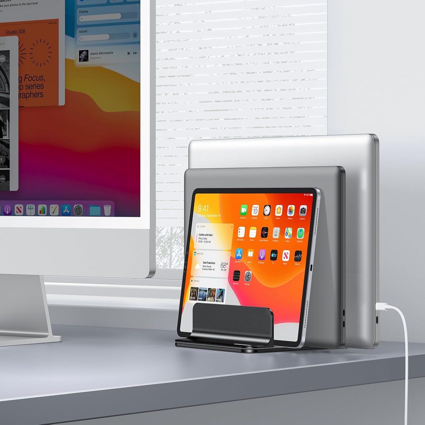 OMOTON Vertical Laptop Stand [Updated 3-Slots Version], Desktop Aluminum Mac Book Stand with Adjustable Dock Size, Fits All Mac Book, Chrome Book and Gaming Laptops (Up to 17.3 inch), Starlight