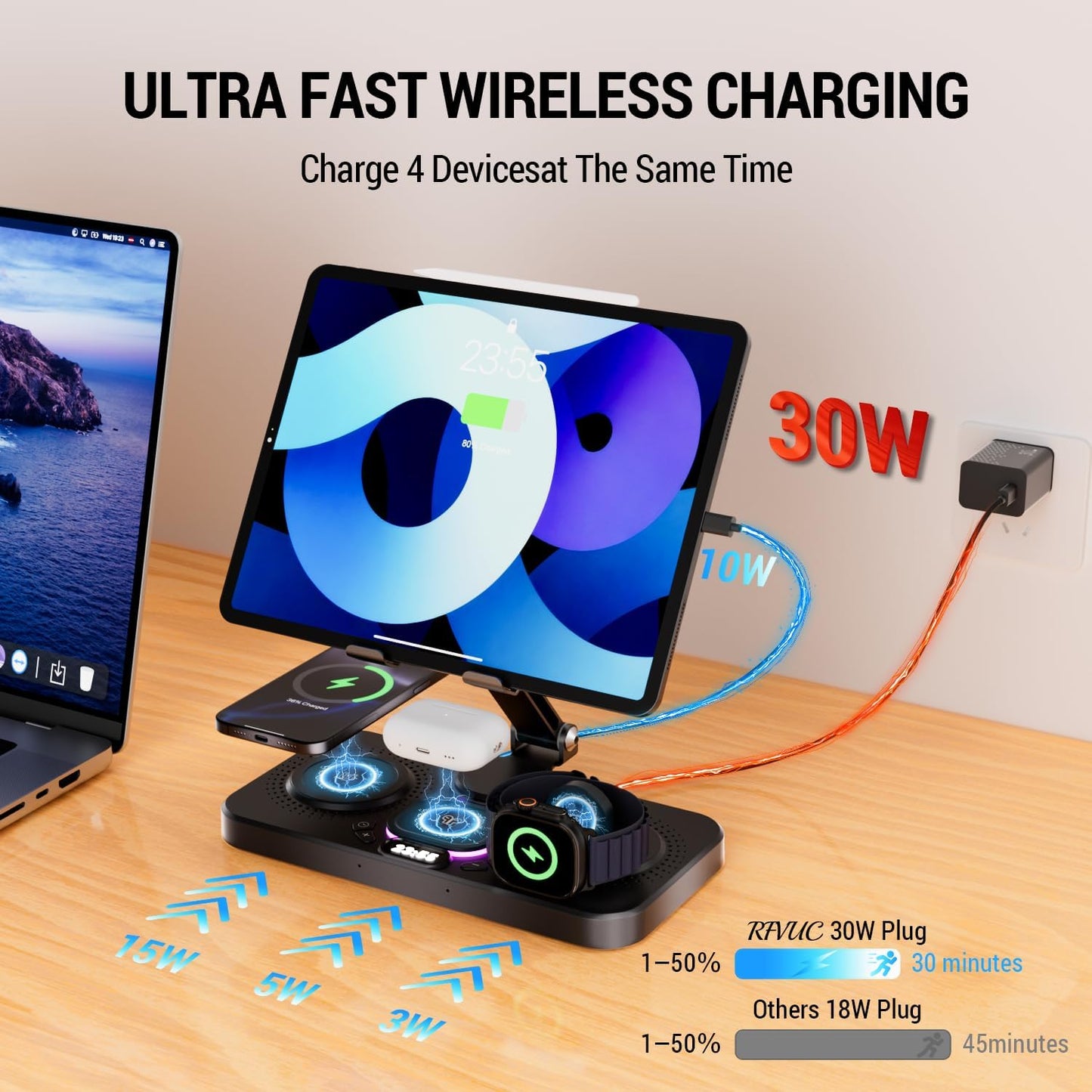 Upgrade Wireless Charging Station with Clock & 7 Color Ambient Light, for iPhone17/16/15 Series, Apple Watch 11 10 9, AirPods 4/3/2, 30W desk wireless charger, Multiple Devices iPad Samsung Stand Dock