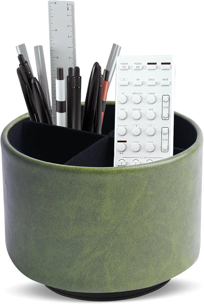 Hennaja Round Leather Art Supply Organizer,Remote Control Holder,360 Degree Rotating,Multi-Functional Pencil Holder,4 Compartments Desktop Stationary Organizer(1-Blue Bird) - Colors B