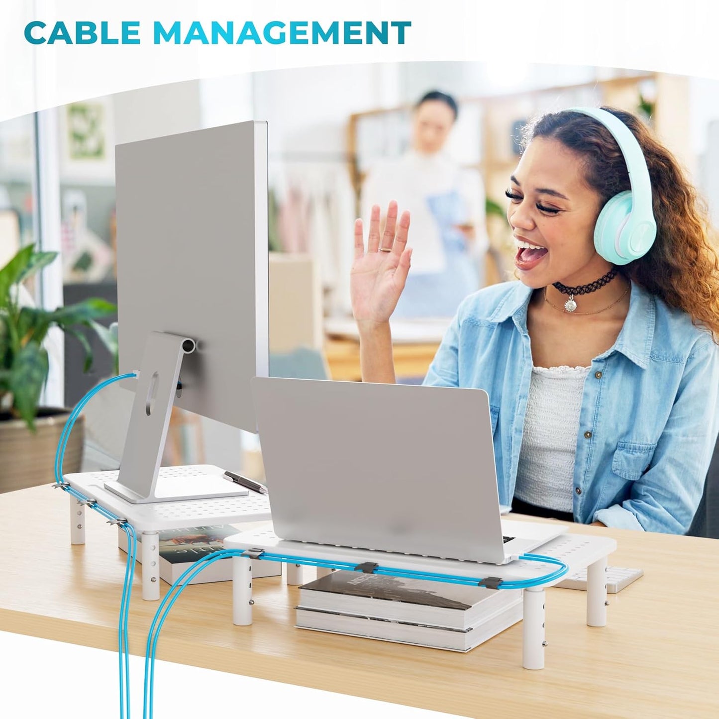 BONTEC Monitor Stand 2 Pack Height Adjustable Metal Riser with Pen Holder, Black, 14.5” x 9.1”, Ergonomic Desktop Stand for Computer, Printer, Laptop, Adjustable Desk Riser with Cable Management