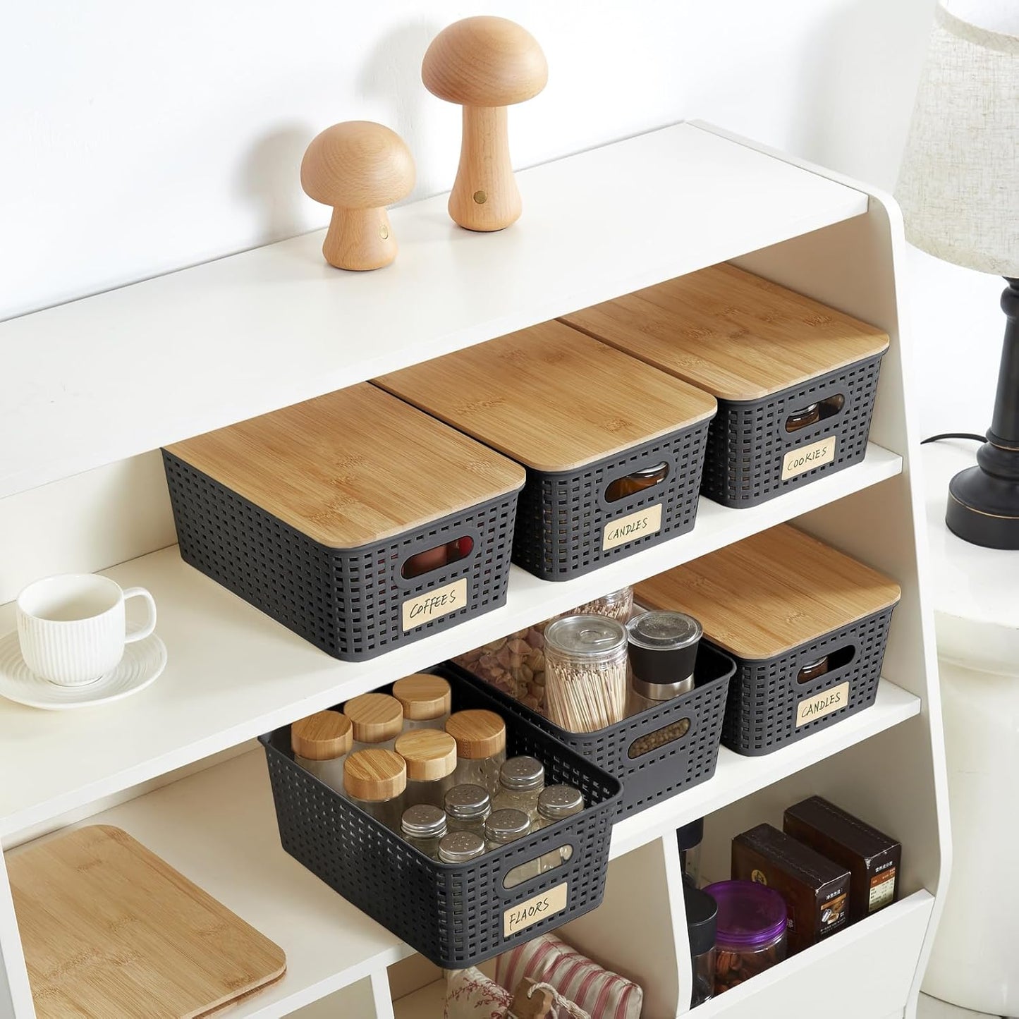 Bagnizer Small Plastic Storage Bins with Bamboo Lids 5.2qt Stackable Box Basket Pantry Decorative Containers Cute with Labels for Organizing Desktop Closet Office Cream White of 6 packs 10*7.2*4.1"