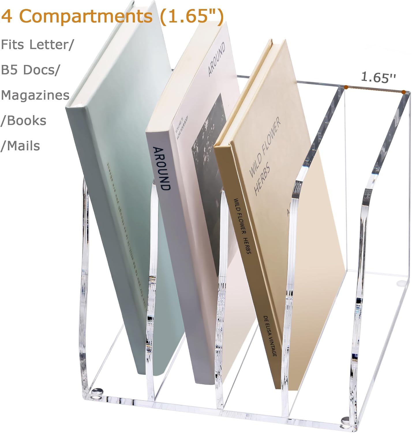 YUXUN Clear Acrylic File Folder Holder - 4 Vertical Compartments Desk Document Sorter, Upright Magazine Rack for Office/Home/Classroom, Stores Documents, Tablets, Magazines, Books & Accessories