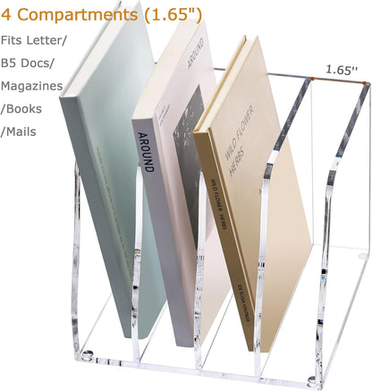 YUXUN Clear Acrylic File Folder Holder - 4 Vertical Compartments Desk Document Sorter, Upright Magazine Rack for Office/Home/Classroom, Stores Documents, Tablets, Magazines, Books & Accessories