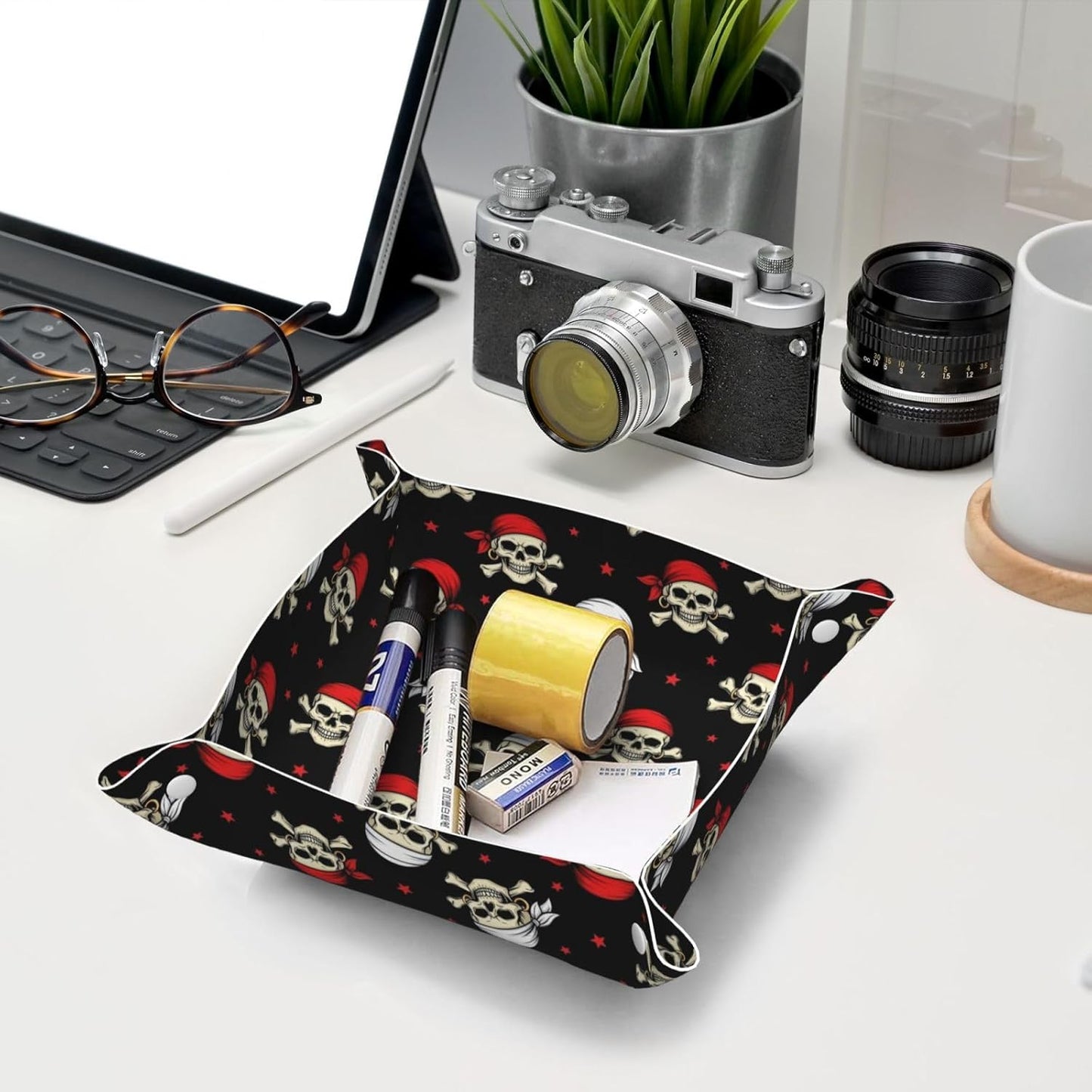 Leather Valet Tray Portable Desk Organizers for Keys Wallet Watch (Pink Rose Cactus Flamingo)